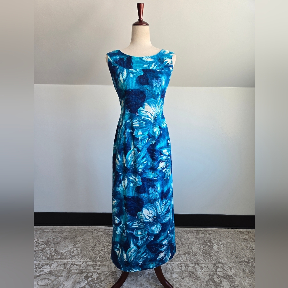Royal Hawaiian Barkcloth Blue Floral Made in Hawaii Dress - Small